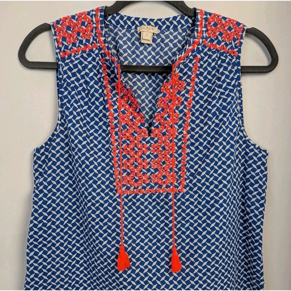 J. Crew Blouse Womens 6 Geometric Embroidered Tasseled Sleeveless Cotton Pink